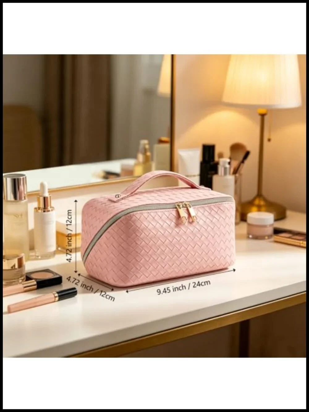 Waterproof Vegan Leather Cosmetic Bag with Brush Compartment and Handle